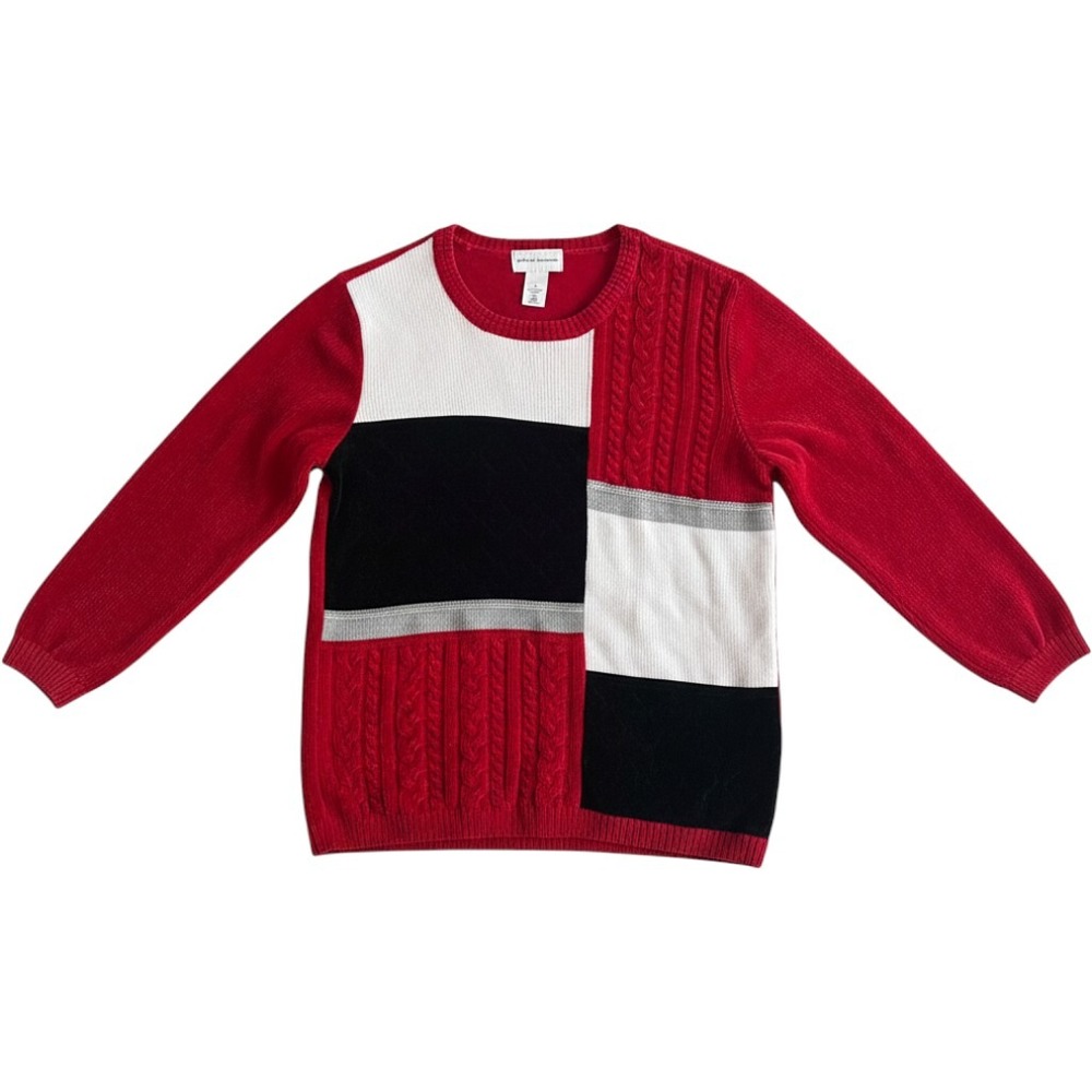 Alfred Dunner Red Colorblock Chenille Cable Knit Sweater Medium Womens